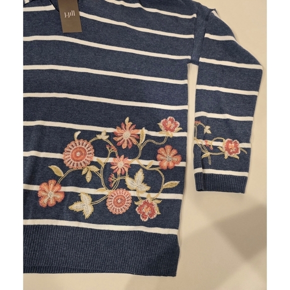 NWT J Jill Striped Floral Embroidered Hooded Pullover Sweater Size Medium - Picture 3 of 8